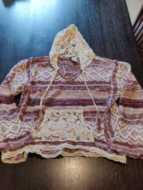 American Rag Striped Knit Hoodie in Cream and Burgundy